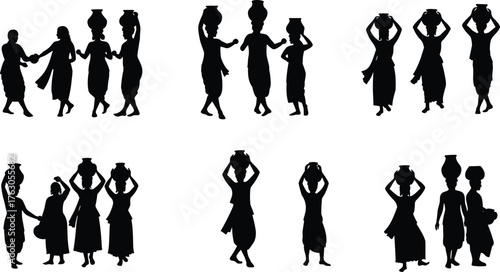 Traditional village women carrying water pots on head, rural lifestyle silhouette, cultural heritage scene, teamwork, daily life, Indian folk art