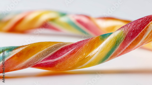 Vibrant close-up of multicolored candy cane, representing Christmas sweetness, fun, and festive delight.