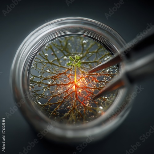 A Spark of Life - Precision Tweezers Activating a Glowing Botanical Specimen in a Jar.