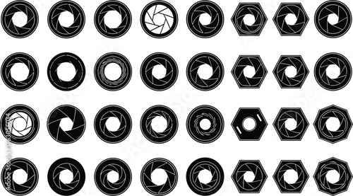 aperture icon, iris design, camera lens, optical mechanism, photography symbol, shutter shape, geometric pattern, circular blades, polygonal outline, cad drawing flat vector illustration