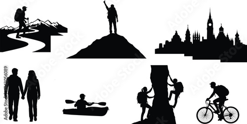 Outdoor activity silhouette, hiking biking icon, kayaking adventure graphic, cityscape travel scene, companion motion set, flat vector illustration