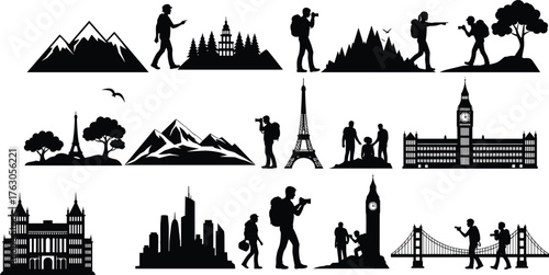 Silhouette travel landmarks, hiking people, mountain forest, Eiffel Tower, Big Ben, Tower Bridge, urban skyline, tourism, architecture, flat vector illustration