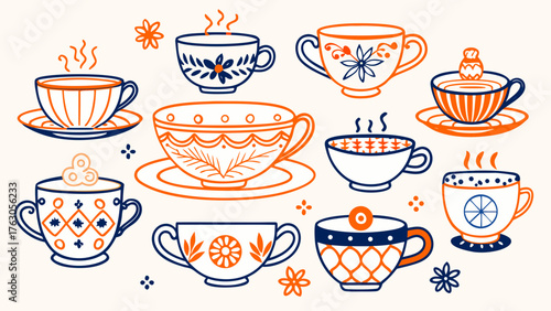 Hand-Drawn Decorative Teacup and Coffee Cup Collection Vector