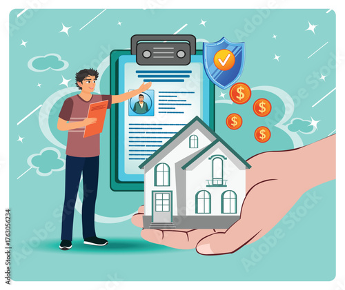 Mortgage relief program concept With Document, Shield, And Hand held House.