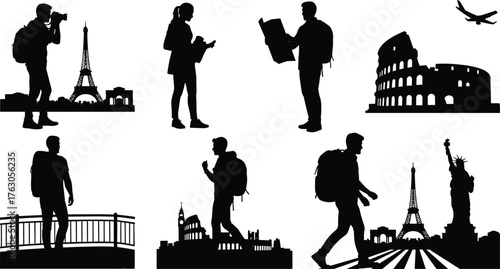 Traveler silhouette vector, global landmark icon, Eiffel Tower scene, Statue of Liberty graphic, Colosseum explorer pose, flat vector illustration