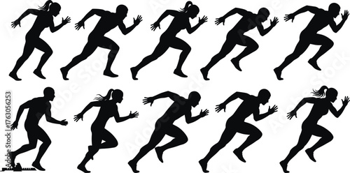 Sprint silhouette vector, running motion icon, athlete start pose, acceleration phase graphic, dynamic stride sequence, flat vector illustration