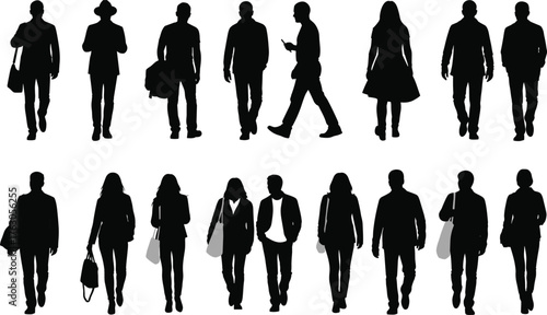 Walking silhouette vector, fashion pose icon, urban people graphic, casual outfit style, standing figure set, flat vector illustration