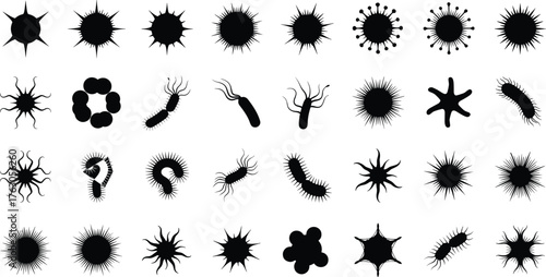 microorganism silhouette, bacteria icon, virus shape, microbial form, biology design, pathogen vector, science illustration, germ outline, microscopic organism, cad drawing flat vector illustration