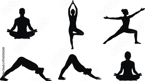 Yoga silhouette poses, meditative practice, tree, warrior, lotus position, balance, relaxation, mindfulness, stretching, peace, flat vector illustration