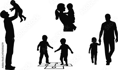 Family bonding silhouette, parent child icon, hopscotch play graphic, emotional connection pose, childhood activity scene, flat vector illustration