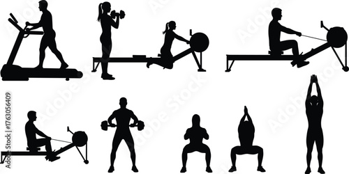 Gym workout silhouette, fitness equipment icon, treadmill running graphic, dumbbell lifting pose, rowing machine exercise, flat vector illustrationGym workout 