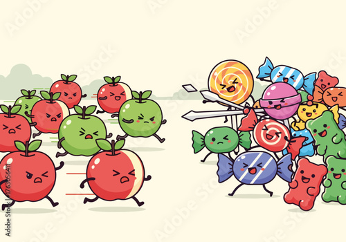Cartoon illustration of a food battle between apples and candy. Healthy vs unhealthy eating and diet choice concept. Minimalist flat design vector graphic