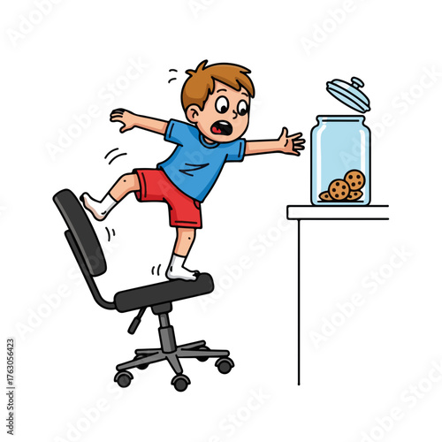 A clumsy boy falling off a chair while reaching for a cookie jar. Home safety and accident risk concept. Cartoon vector illustration