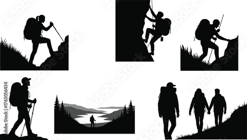 Hiking silhouette vector, outdoor adventure icon, trekking pose graphic, mountain climbing scene, nature exploration set, flat vector illustration