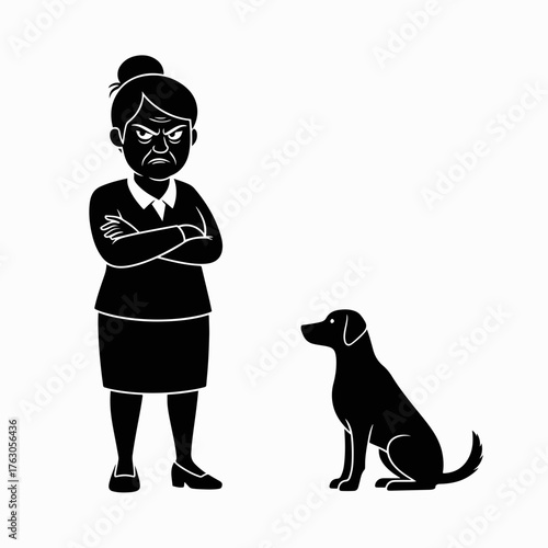 Angry elderly woman scolding a dog. Black and white silhouette vector illustration of disapproval and pet behavior.