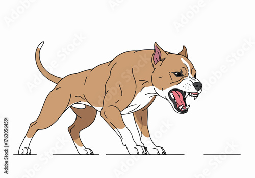 Aggressive growling pit bull vector illustration. Angry fighting dog in a threatening stance. Cartoon mascot symbol for security or protection