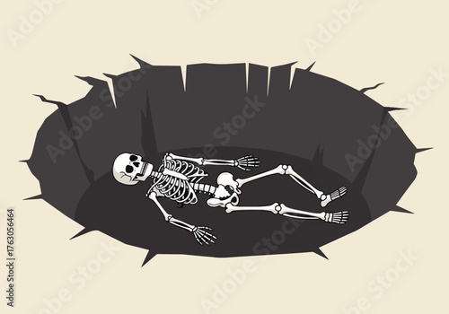 Minimalist vector illustration of a skeleton in a pit. Cartoon graphic representing death, danger, or an archaeological discovery. Halloween concept art isolated on a background