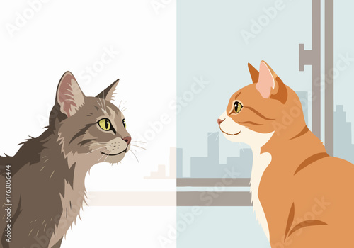 Homeless cat and domestic cat comparison. Vector illustration showing the contrast between a stray and a pet in a window. Flat design concept