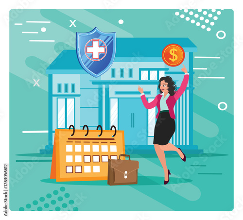 Paid leave for quarantined workers. Businesswoman with coin Shield, Calendar, and Briefcase.