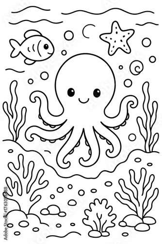 Coloring page of a cute cartoon octopus. Simple and fun coloring page for kids.