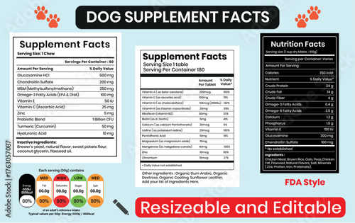 Dog Supplement Label Template, Editable Pet Nutrition Facts & FDA Style Design, Premium Dog Vitamin Supplement Label –,Clean Pet Nutrition Facts Template,Dog Omega 3 Supplement Label.