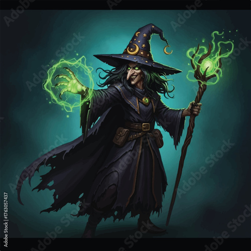 evil witch using a green dangerous magic