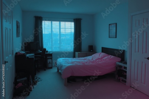 Interior of bedroom with bed and desk setup, nighttime scene, medium shot, residential home