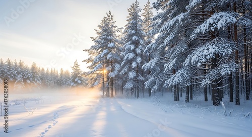 Snow covered trees in a winter forest with sunlight shining through the branches and fog in background