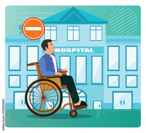 Inaccessible environments. Wheelchair User At Hospital Entrance.