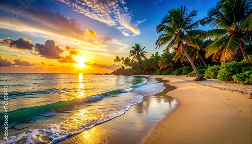 Fototapeta Naklejka Na Ścianę i Meble -  Tropical beach scene at sunset with palm trees, clear water