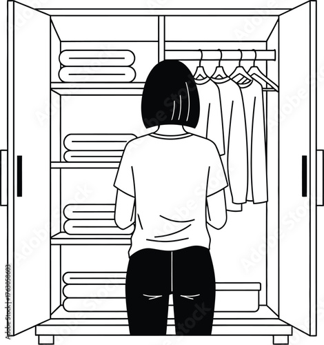 Woman organizing her wardrobe, choosing outfits, and arranging folded clothes in a minimalist scene