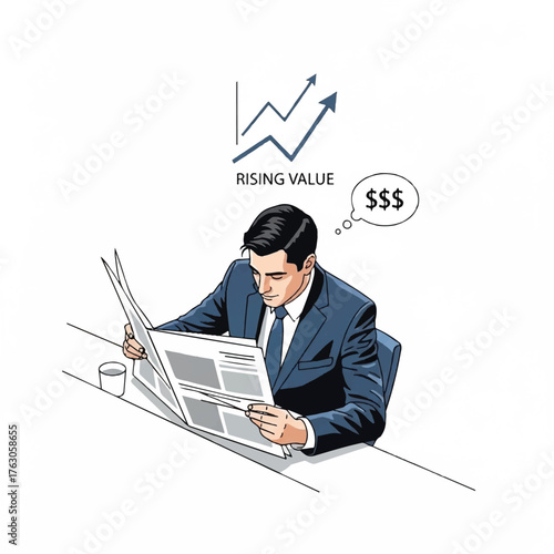 a businessman is seeing an increase in profits by reading the newspaper