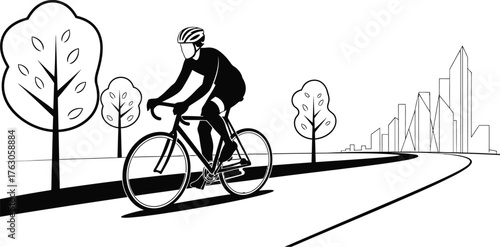 Cyclist riding toward city skyline, nature and urban lifestyle for wellness and healthy living