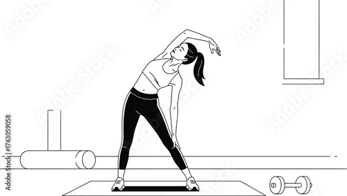 Active woman stretching in modern gym for wellness and fitness routine training workout flexibility