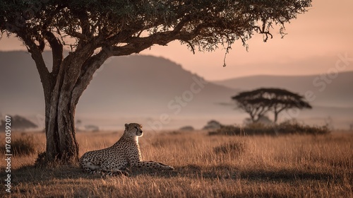 Majestic Cheetah Resting Under Acacia Tree in the Vast African Savanna. Serene Wildlife Moment in the Wild.