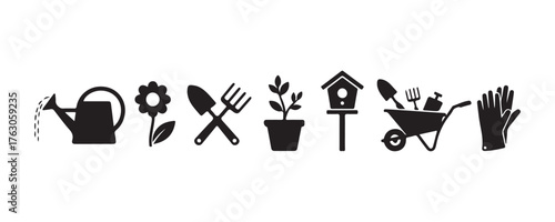 Land arrangement. Horticultural tools. Black outline icons on a white backdrop.