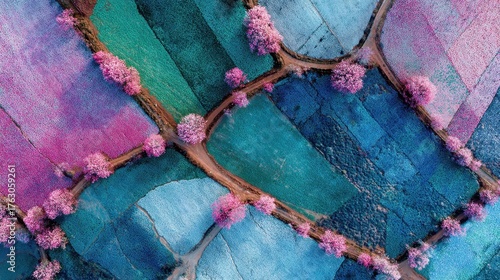 Abstract Aerial View - Pink Blossoms on Branching Lines Overlapping Blue and Green Fields.