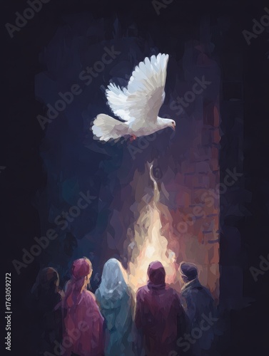 White dove flying over group of people at night near fire abstract illustration style art