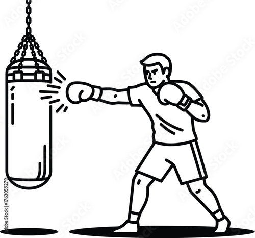 Dynamic line art illustration of a boxer training with punch bag for fitness and strength building