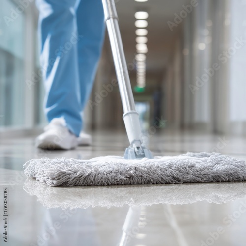 Low angle of worker mopping floor in hallway for cleaning service at hospital or office building for hygiene