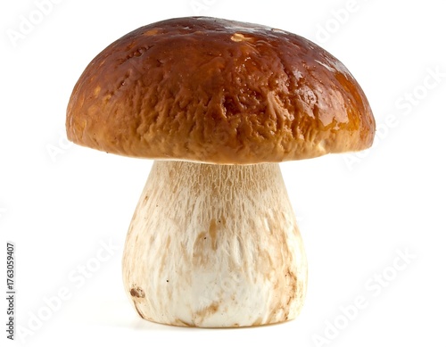 Single brown cap mushroom, creamy white stem