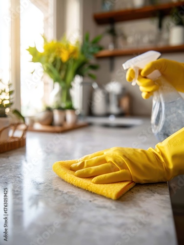 Close-up of gloved hands cleaning kitchen counter with spray bottle and cloth in bright modern home interior