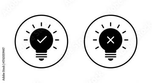 Light bulb decision icon in circular outline. Idea approval and rejection symbol