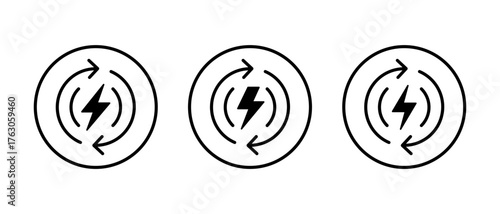 Energy loop icon set in circular outline. Power recycle symbol. Electricity cycle sign