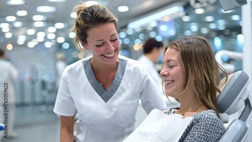 Wallpaper Mural Female dentist offering professional care, reassuring patient before dental treatment in modern, clean clinical setting, showing compassionate approach to medical treatment Torontodigital.ca