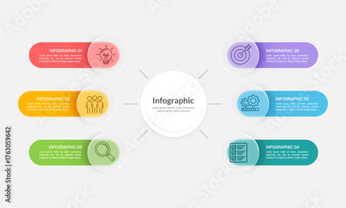 6 Steps Radial Business Infographic Template with Glassmorphism Effect. Presentation, Plan and Strategy. Vector illustration.