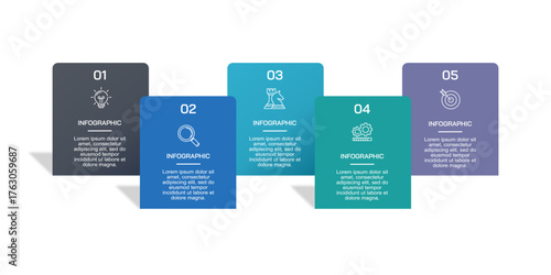 5 Steps Business Process Infographic Template with Numbered Boxes and Icons. Vector illustration.