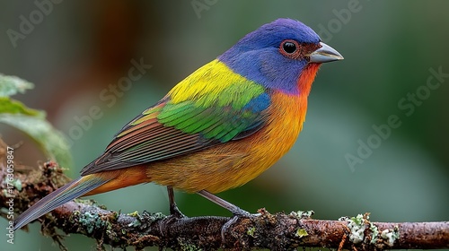 Vibrant Painted Bunting (Passerina ciris) Bird Perched on a Tree Branch