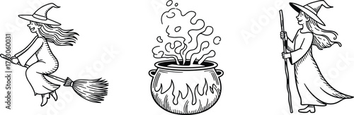 Witch flying on broomstick, magical cauldron boiling, fantasy sorceress with staff, Halloween illustration, spooky folklore, black and white drawing