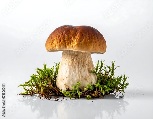 Single mushroom, brown cap, white stem, moss bed